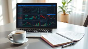 Een modern thuiskantoor met laptop, financiële grafieken en koffie.