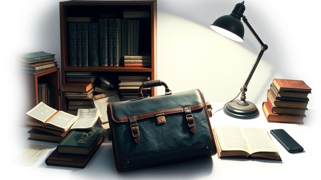 Een oude aktetas rust op een rommelig bureau met verouderde investeringsboeken.