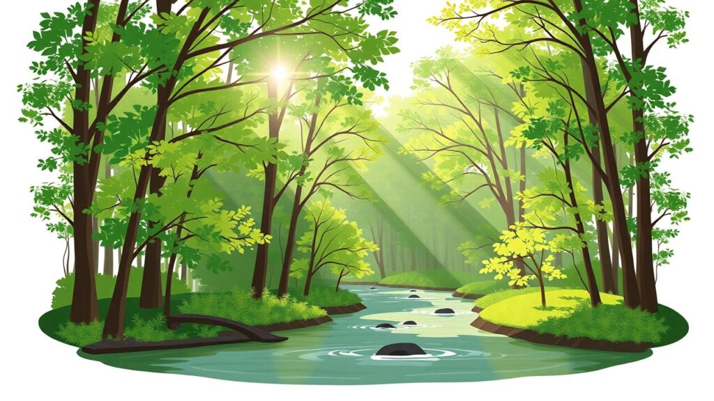 Een rustig bos met stromende beek symboliseert consistente investeringen voor vermogensopbouw.