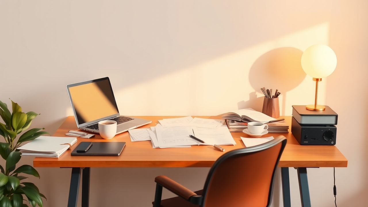 Een rommelig bureau met laptop, papieren en koffiebeker in huiselijke sfeer. Een rommelig bureau met laptop, papieren en koffiebeker in huiselijke sfeer.
