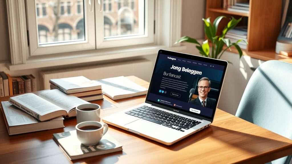 Een gezellig thuiskantoor met een open laptop en financiële boeken.