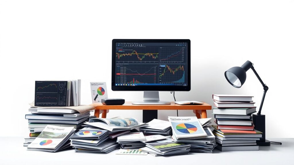 Een rommelig kantoor met een focus op wereldwijde marktgegevens en investeringsrapporten.
