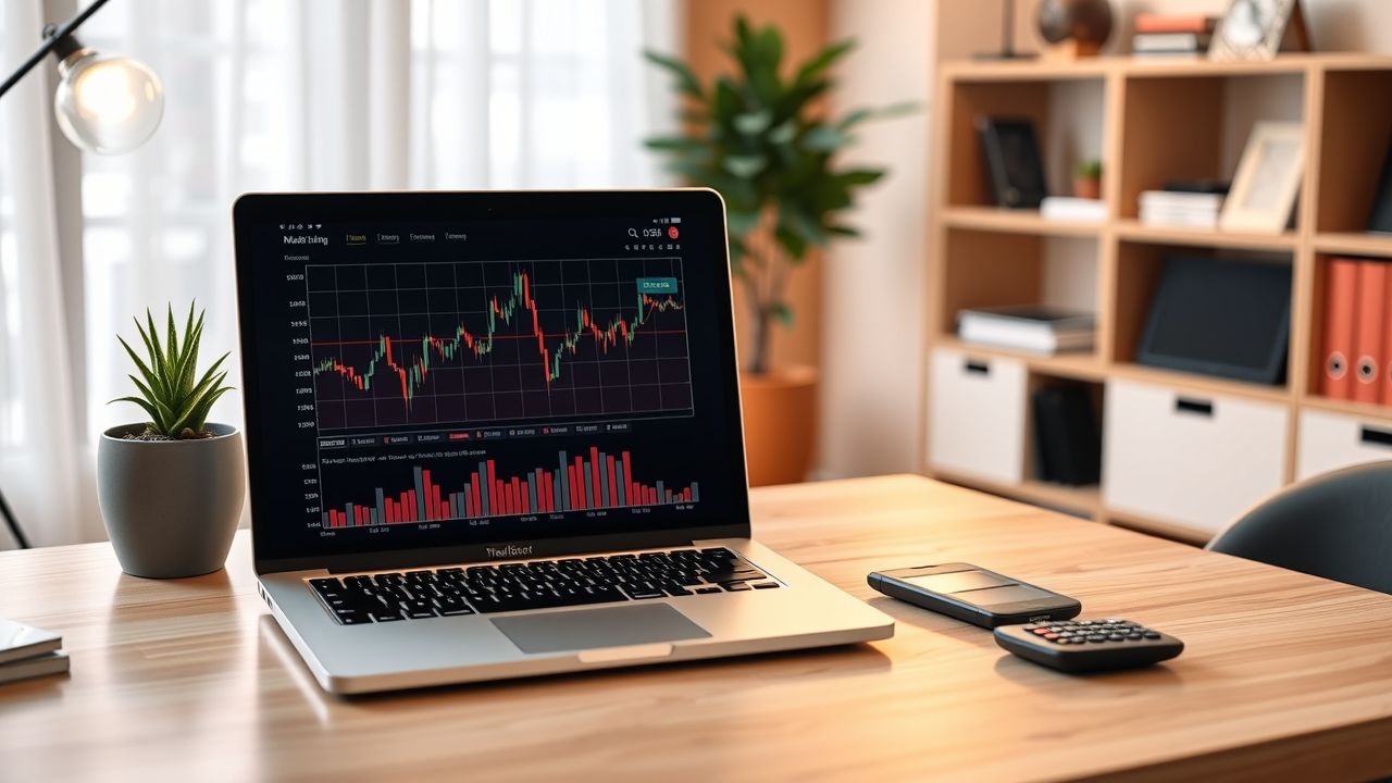 Een moderne thuiskantoor met laptop en financi&euml;le grafieken.
