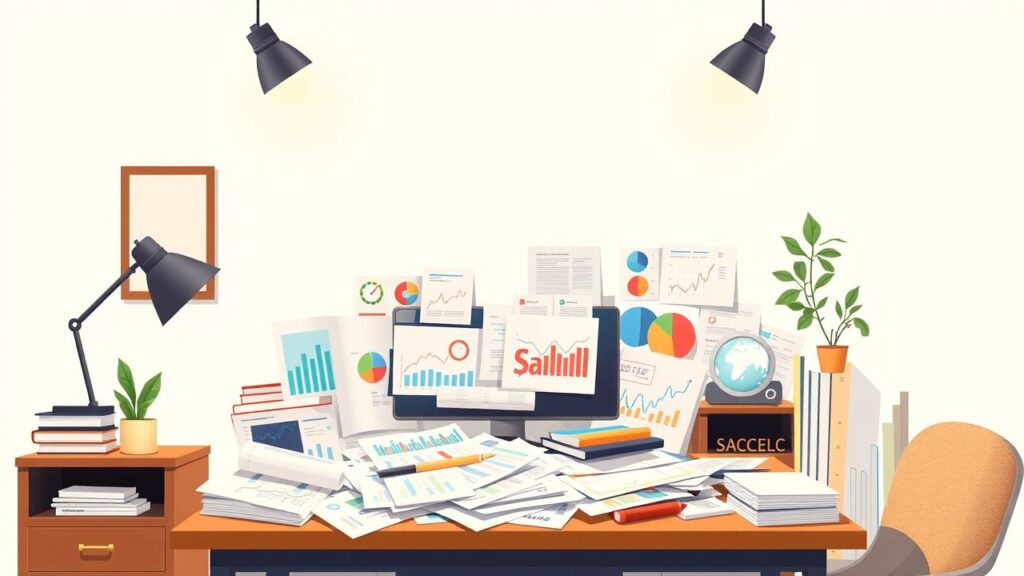 Een rommelig thuiskantoor met financiële documenten en grafieken op het bureau.