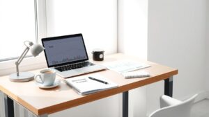 Een opgeruimd bureau met laptop, financiële grafieken en koffie.