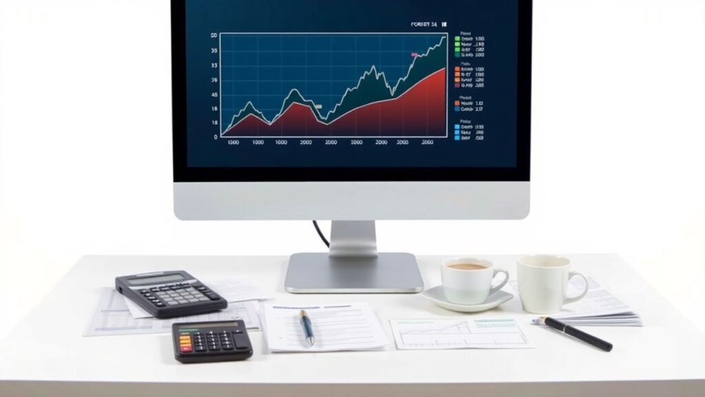 Een bureau met een computer toont een diverse investeringsportefeuille.