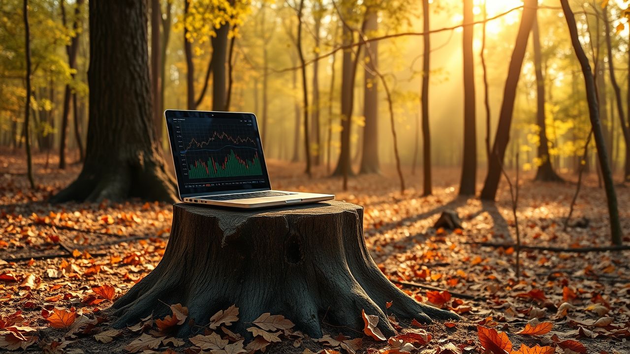 Een laptop op een boomstronk in een rustig bos. Een laptop op een boomstronk in een rustig bos.