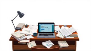 Een rommelig bureau met financiële documenten en een open laptop.