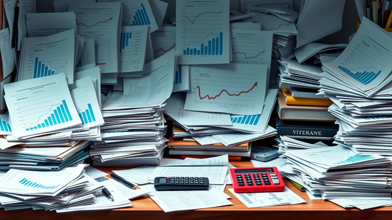 Een rommelig bureau met financiële documenten en een rekenmachine creëert stress. Een rommelig bureau met financiële documenten en een rekenmachine creëert stress.