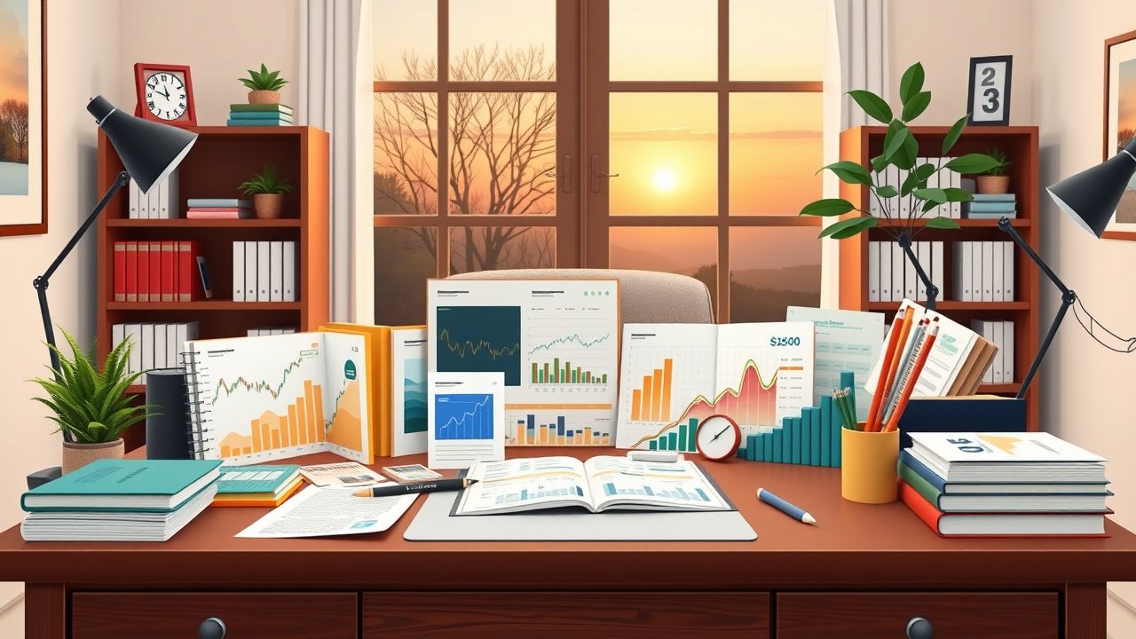 Een georganiseerde verzameling financiële instrumenten op een bureau in een huiselijk kantoor. Een georganiseerde verzameling financiële instrumenten op een bureau in een huiselijk kantoor.