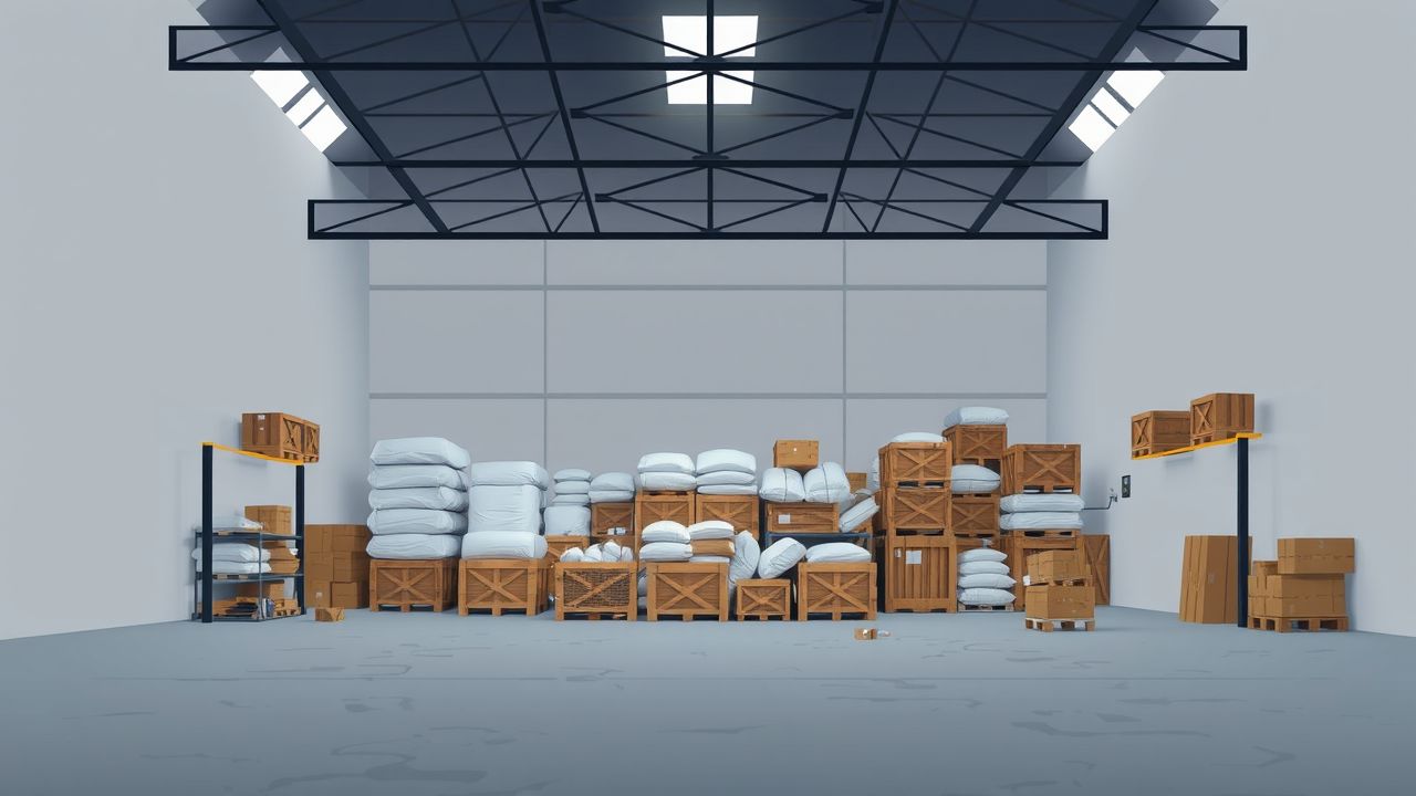 Een verlaten magazijn vol met chaotisch gestapelde kisten gevuld met ruwe materialen. Een verlaten magazijn vol met chaotisch gestapelde kisten gevuld met ruwe materialen.