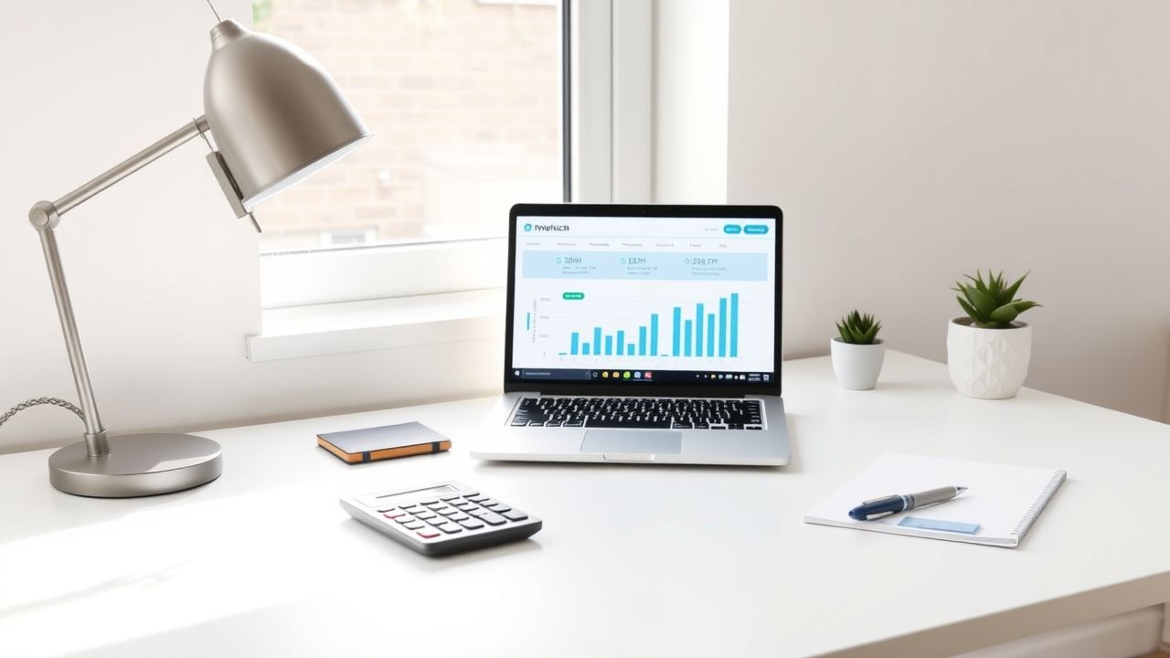 Een opgeruimde en moderne thuiskantoor met een laptop en notitieblok. Een opgeruimde en moderne thuiskantoor met een laptop en notitieblok.