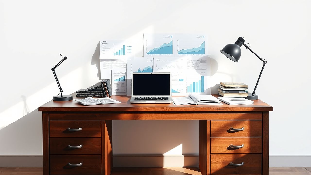 Een rommelig bureau met financiële rapporten en een laptop. Een rommelig bureau met financiële rapporten en een laptop.