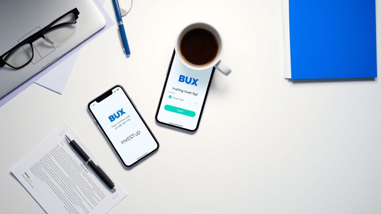 Een rommelig bureau met smartphone toont BUX investeringsapp. Een rommelig bureau met smartphone toont BUX investeringsapp.