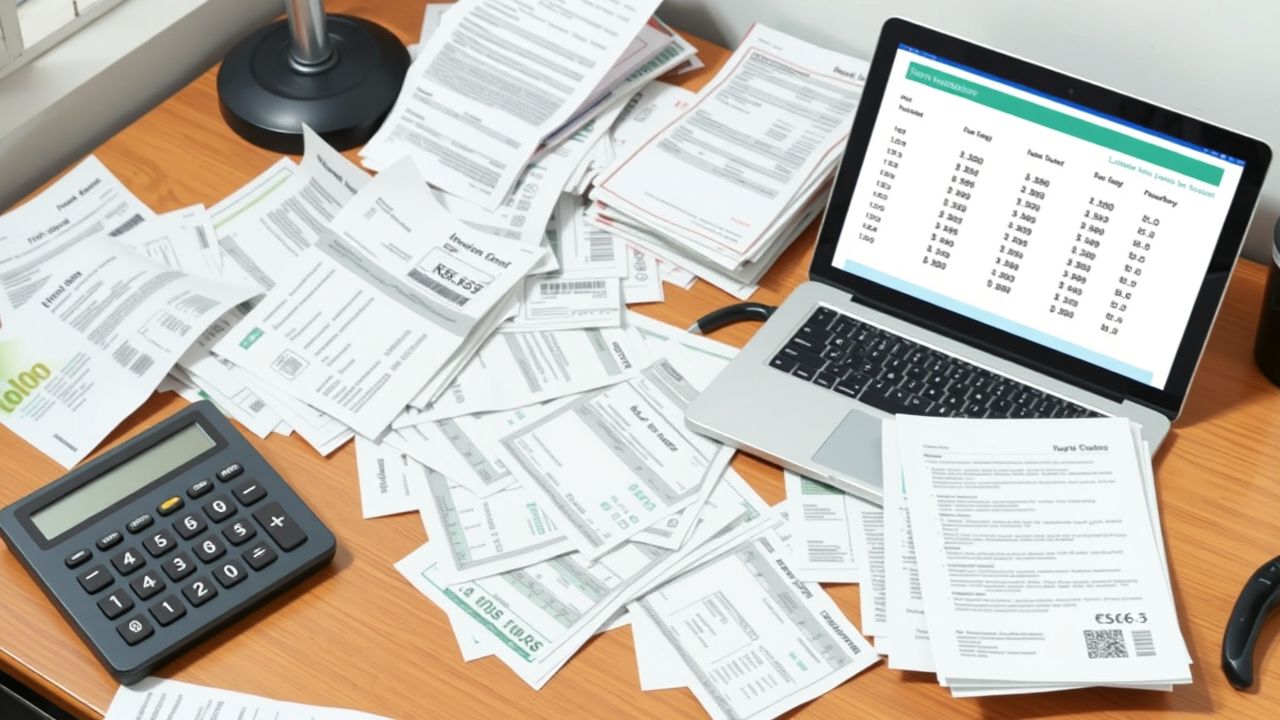 Een rommelig bureau met financiële documenten, laptop en rekenmachine. Een rommelig bureau met financiële documenten, laptop en rekenmachine.