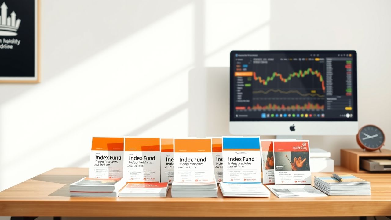 Een georganiseerde houten bureau met verschillende indexfondsen en een computerscherm. Een georganiseerde houten bureau met verschillende indexfondsen en een computerscherm.