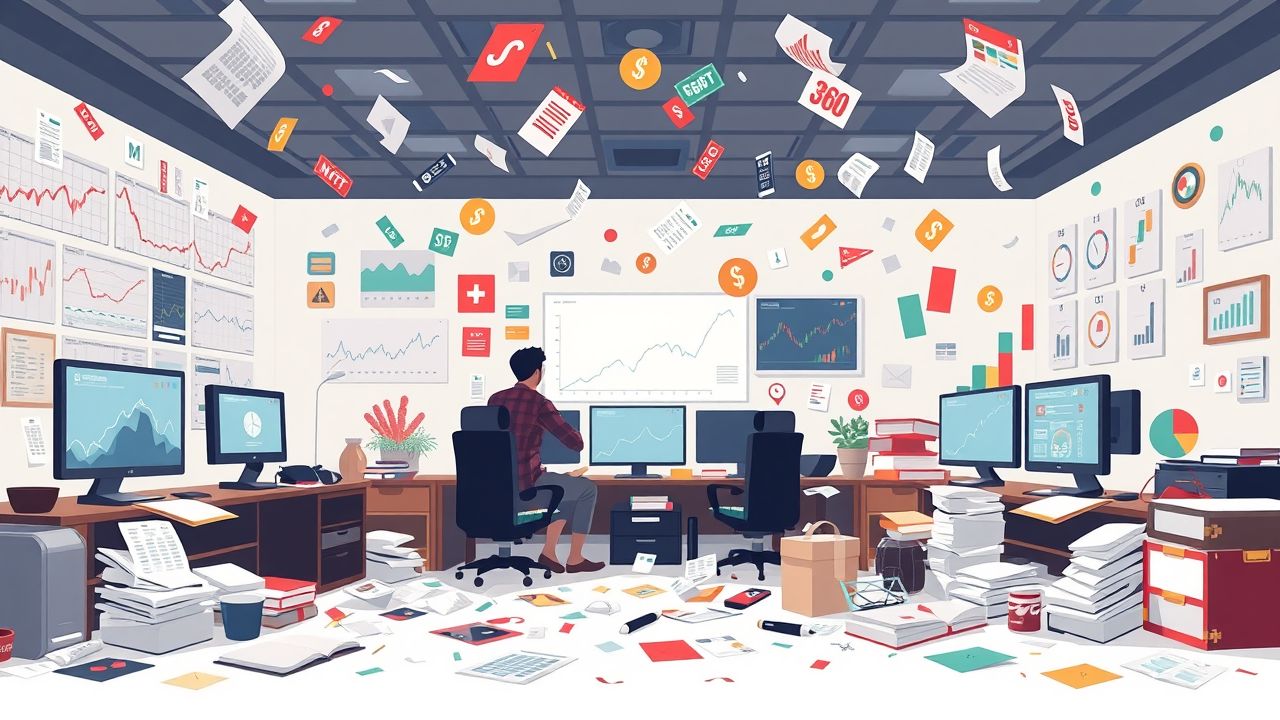 Een chaotische financiële marktscène met grafieken en valutasymbolen. Een chaotische financiële marktscène met grafieken en valutasymbolen.