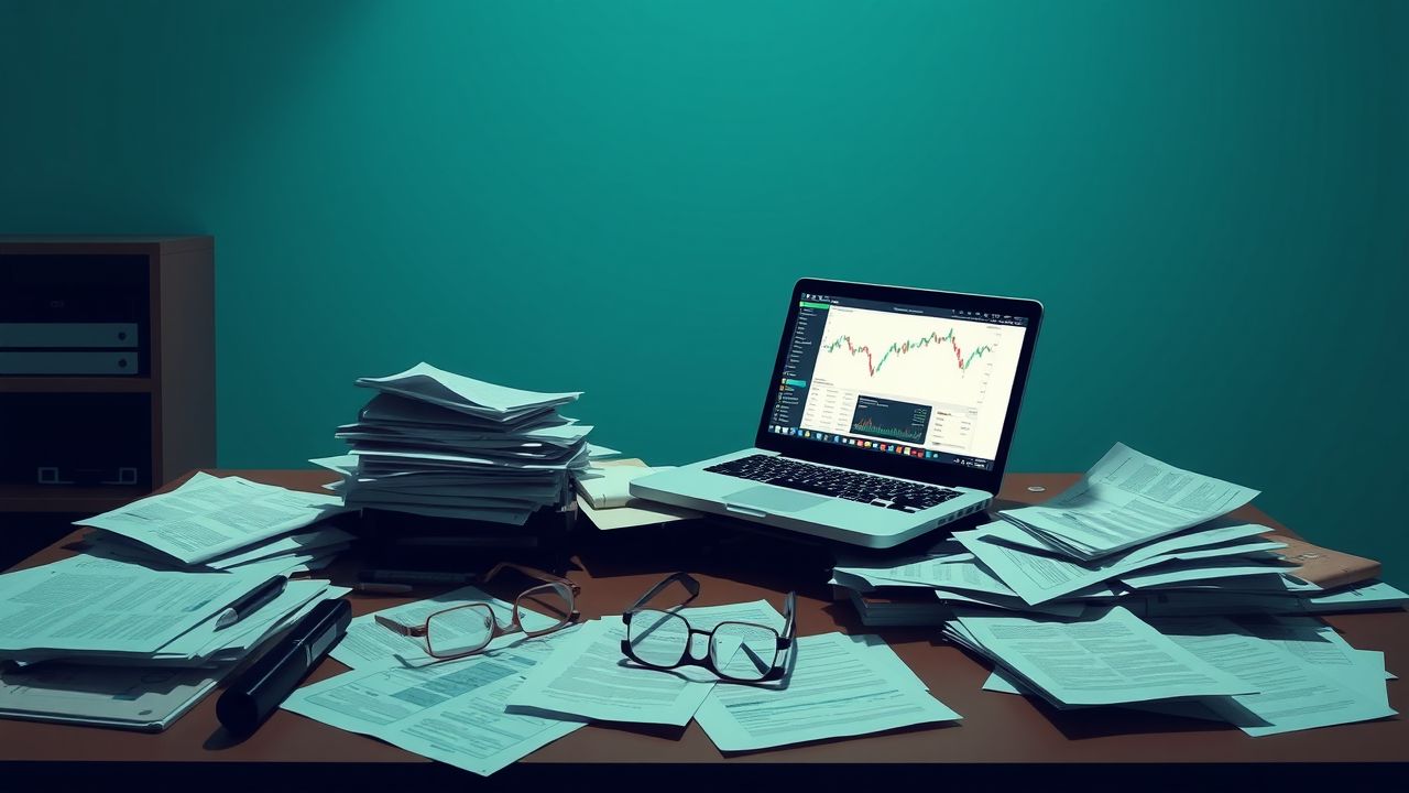 Een rommelig bureau met financiële documenten en een laptop met grafieken. Een rommelig bureau met financiële documenten en een laptop met grafieken.