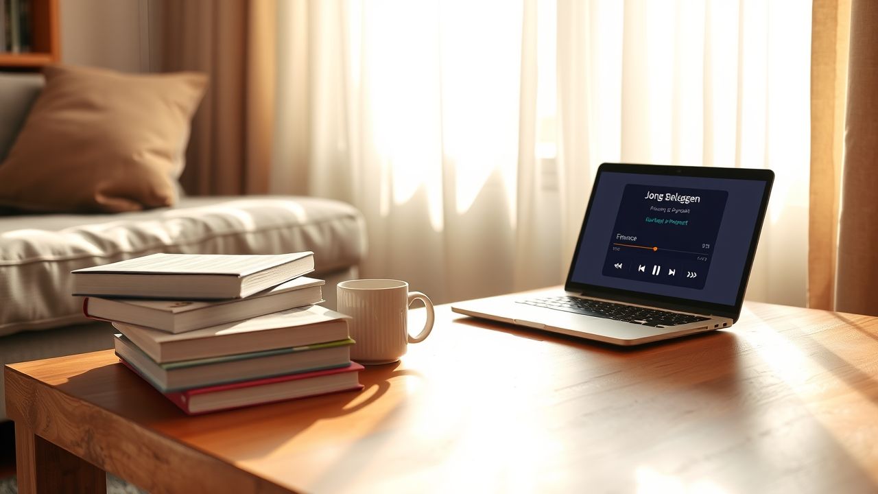 Een gezellige woonkamer met een houten salontafel, financiële boeken, een laptop en koffie. Een gezellige woonkamer met een houten salontafel, financiële boeken, een laptop en koffie.