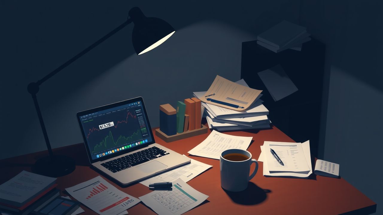 Een rommelig bureau met financiële documenten, een laptop en koffie. Een rommelig bureau met financiële documenten, een laptop en koffie.