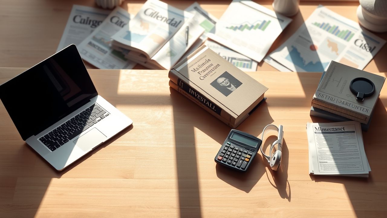 Een werkplek met laptop, calculator en financiële boeken. Een werkplek met laptop, calculator en financiële boeken.