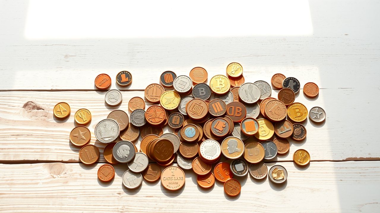Een verscheidenheid aan munten uit de hele wereld ligt verspreid op een houten tafel.