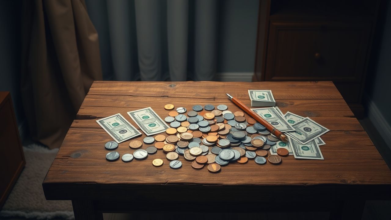 Een verscheidenheid aan munten en bankbiljetten liggen verspreid over een houten tafel, waardoor een toegankelijke en comfortabele sfeer wordt gecre&euml;erd voor financieel onderzoek.